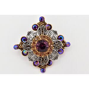 Chico's Persia Crystal Pin Brooch Rhinestone Brass Silver Purple Mogul BinBG